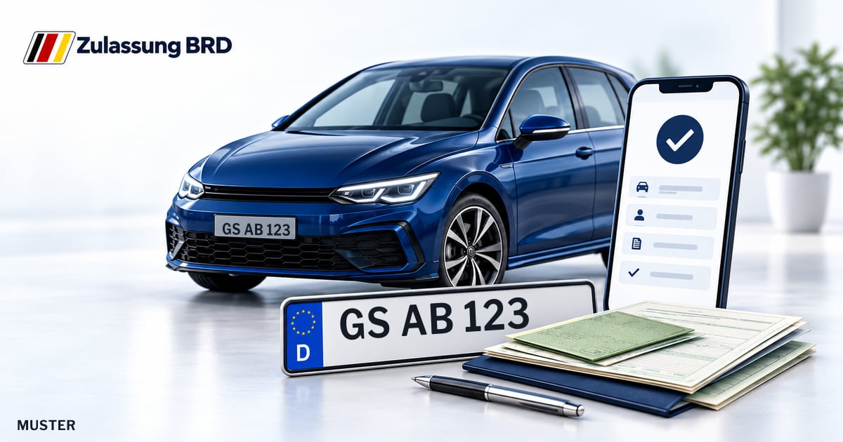 Online Fahrzeugzulassung in Clausthal-Zellerfeld: Musterkennzeichen GS AB 123, Auto und Fahrzeugpapiere und Smartphone. Illustration mit Logo von Zulassung BRD.